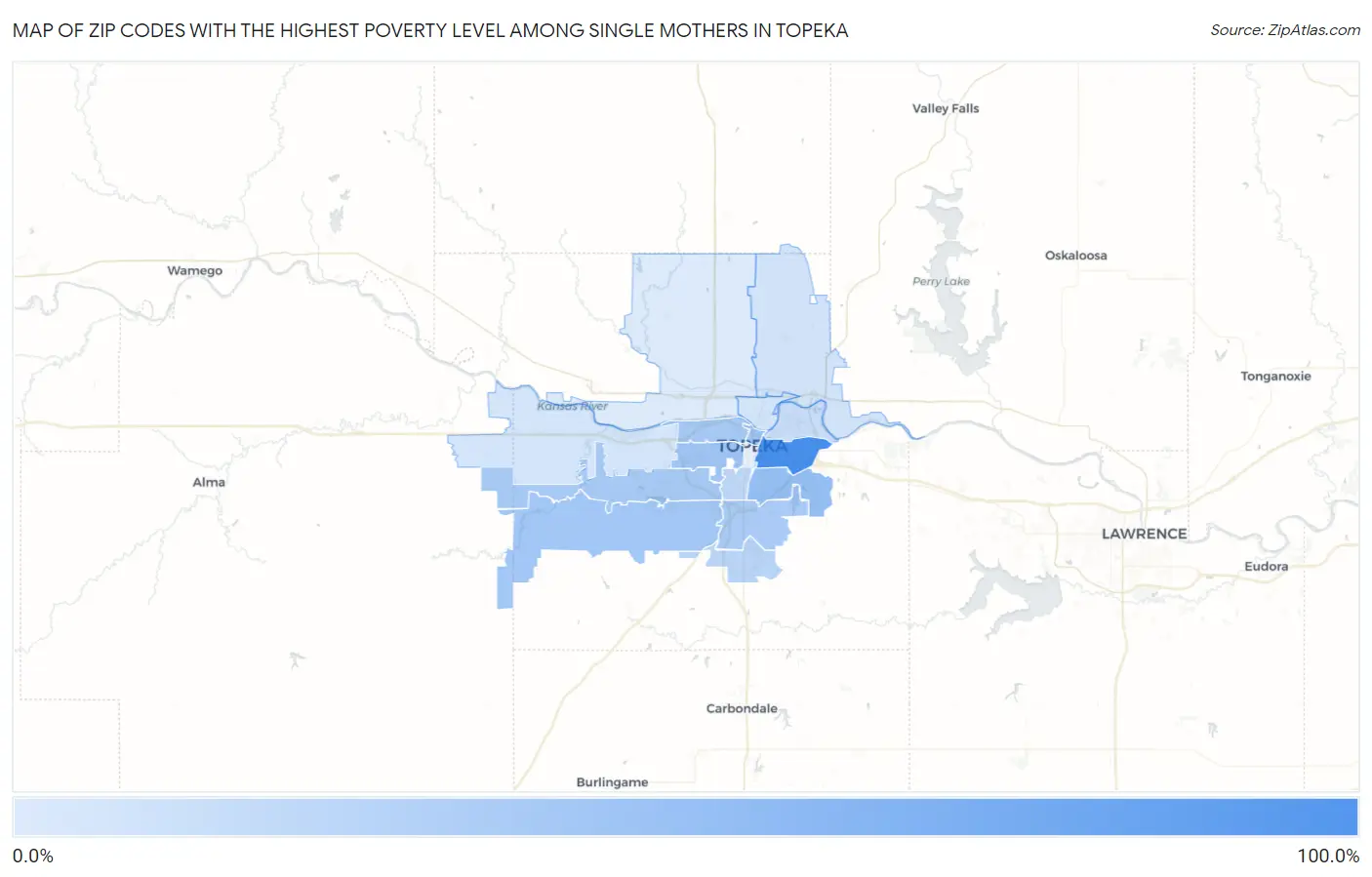 Zip Codes with the Highest Poverty Level Among Single Mothers in Topeka Map