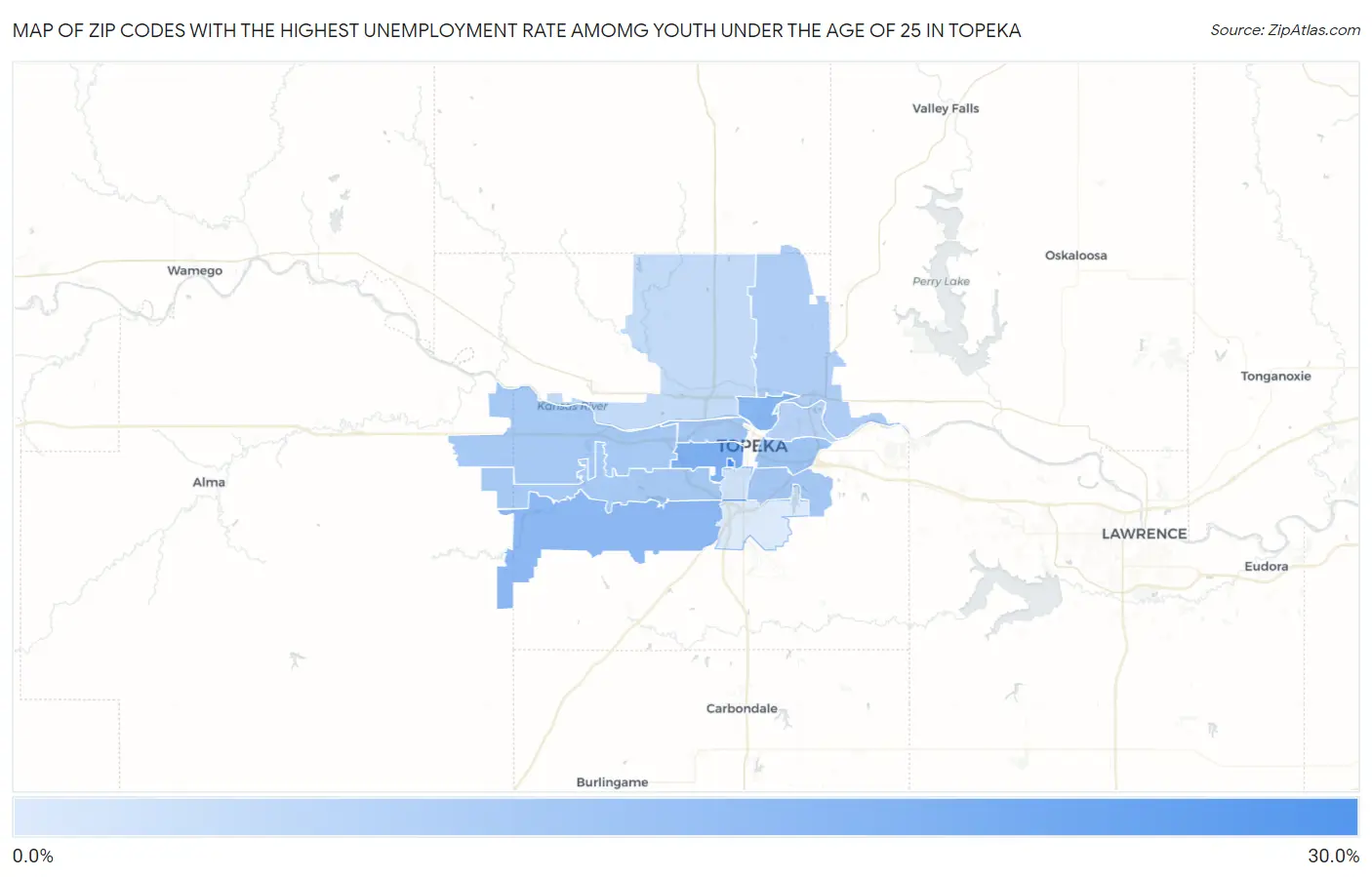 Zip Codes with the Highest Unemployment Rate Amomg Youth Under the Age of 25 in Topeka Map