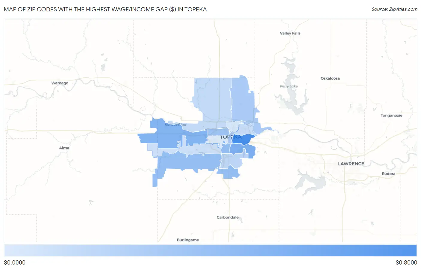 Zip Codes with the Highest Wage/Income Gap ($) in Topeka Map