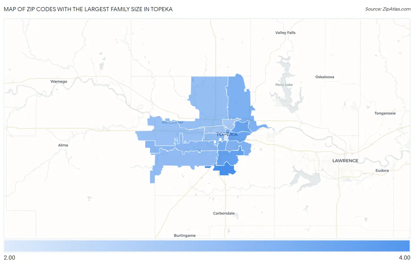 Zip Codes with the Largest Family Size in Topeka Map