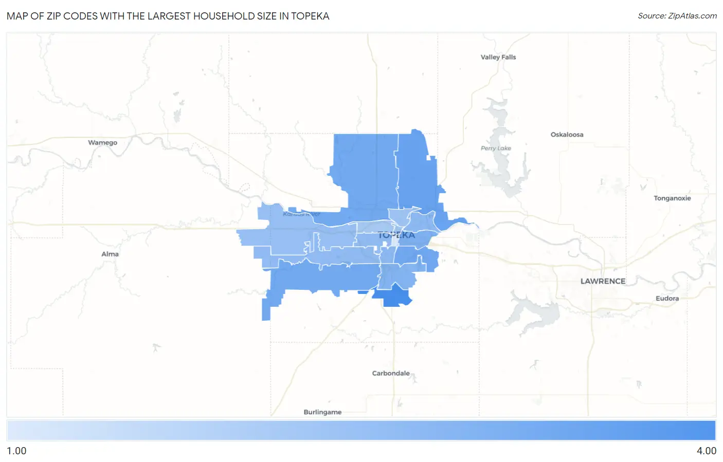 Zip Codes with the Largest Household Size in Topeka Map