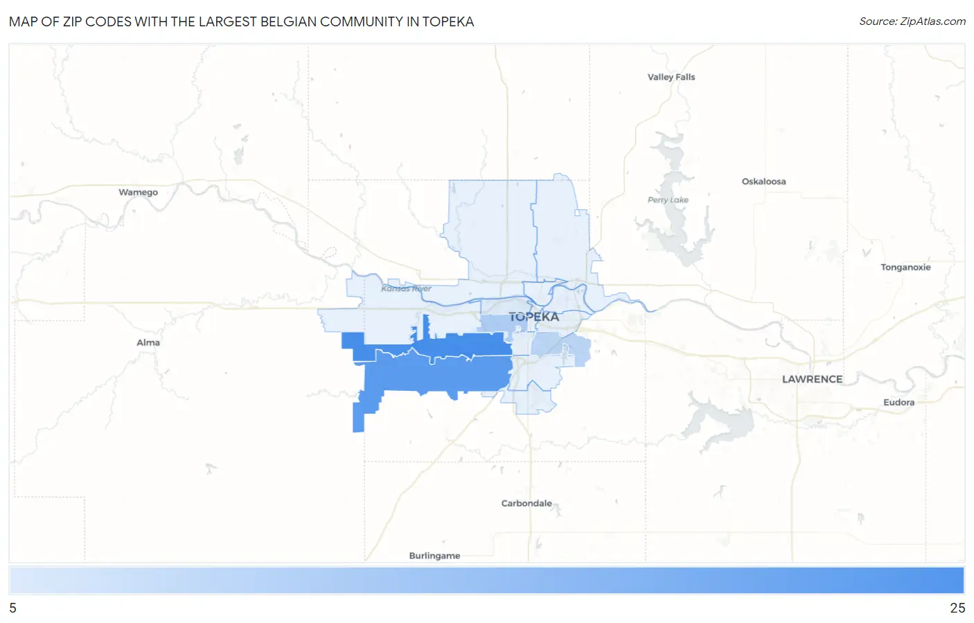 Zip Codes with the Largest Belgian Community in Topeka Map