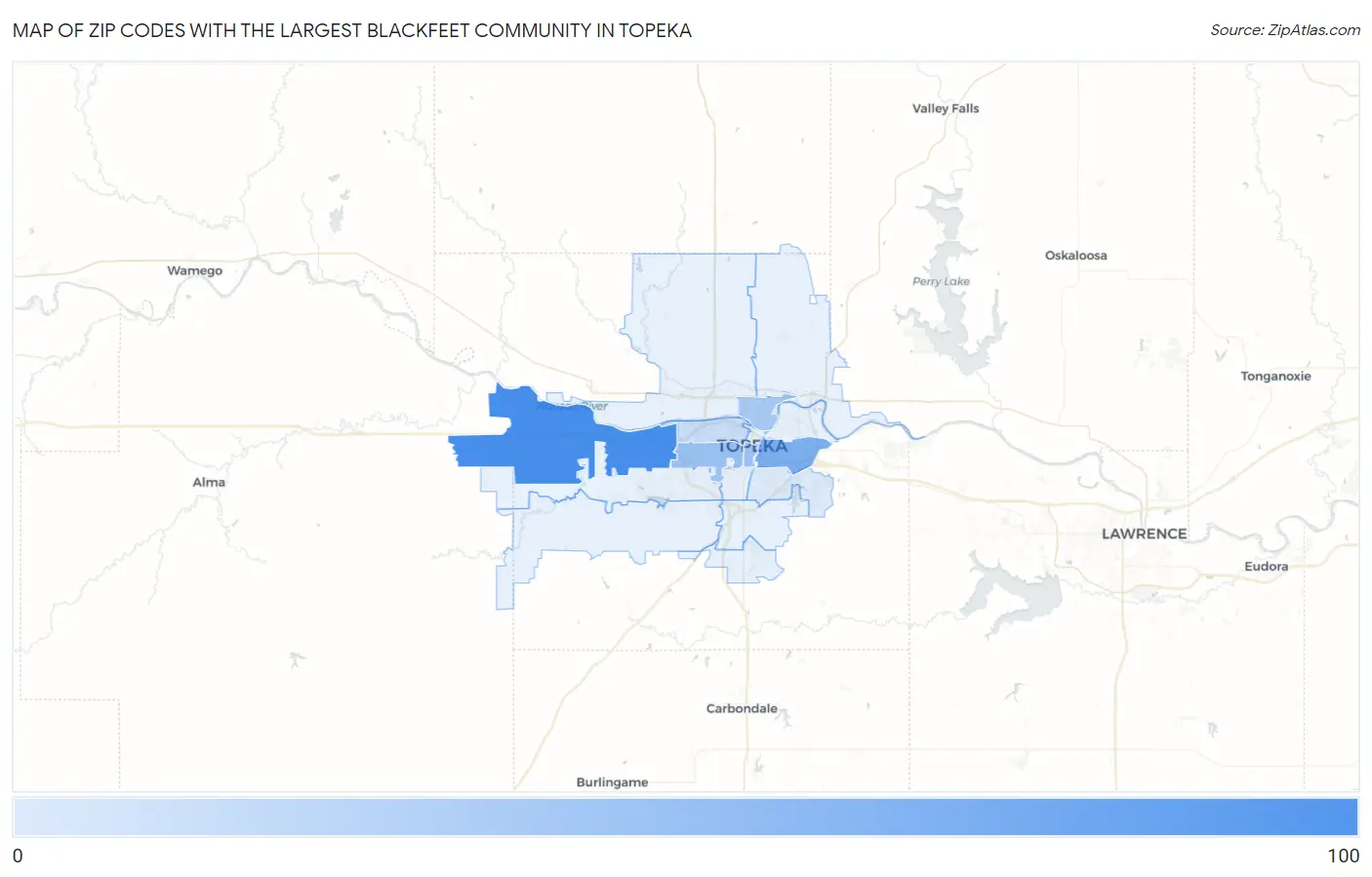 Zip Codes with the Largest Blackfeet Community in Topeka Map