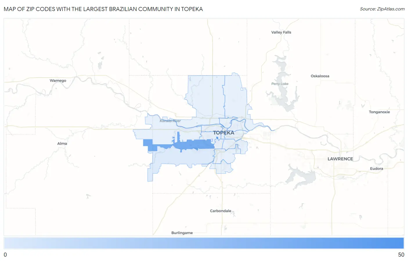 Zip Codes with the Largest Brazilian Community in Topeka Map