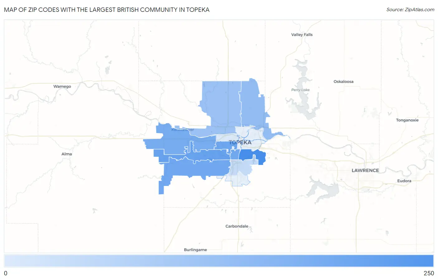 Zip Codes with the Largest British Community in Topeka Map