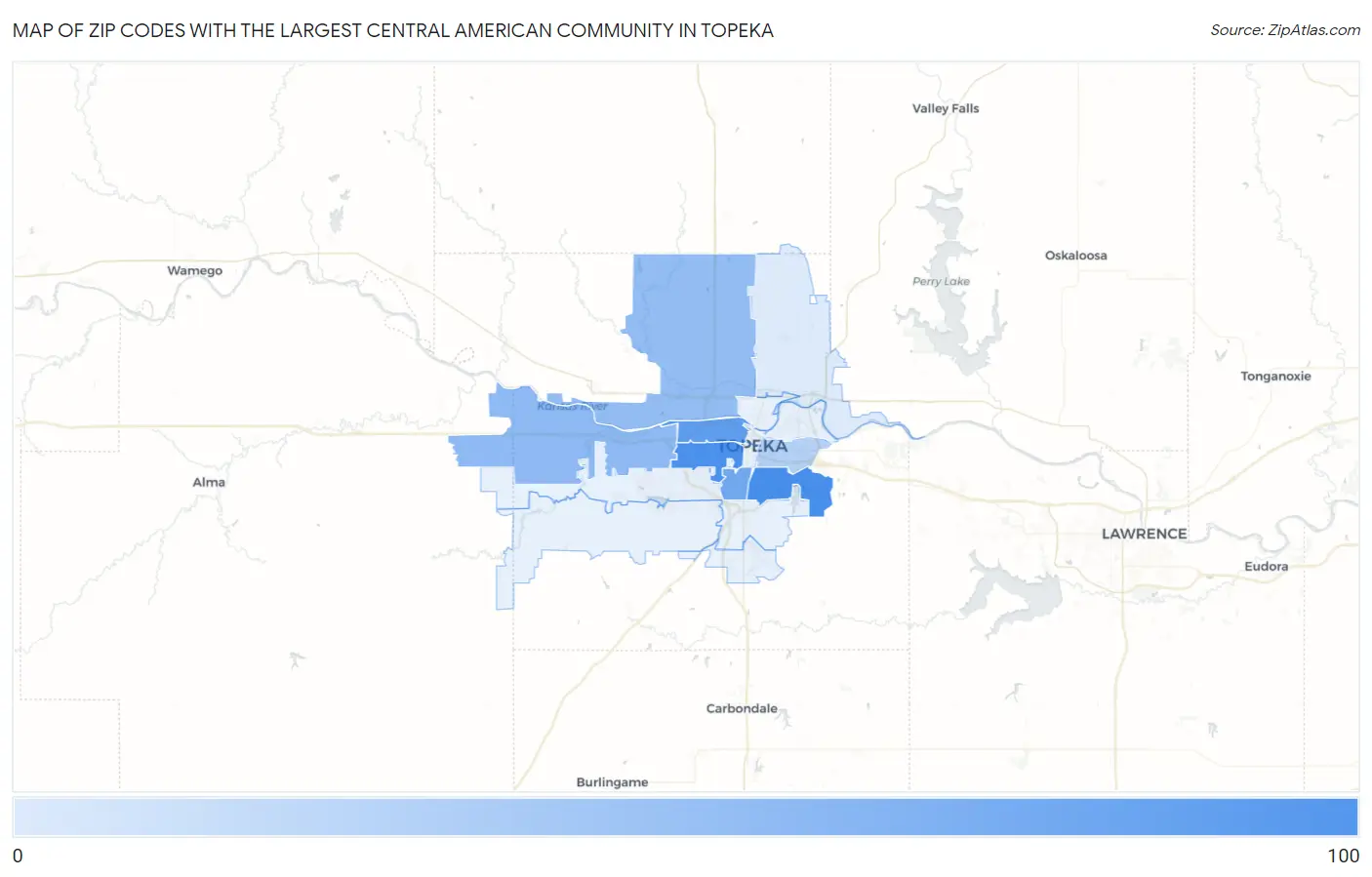 Zip Codes with the Largest Central American Community in Topeka Map