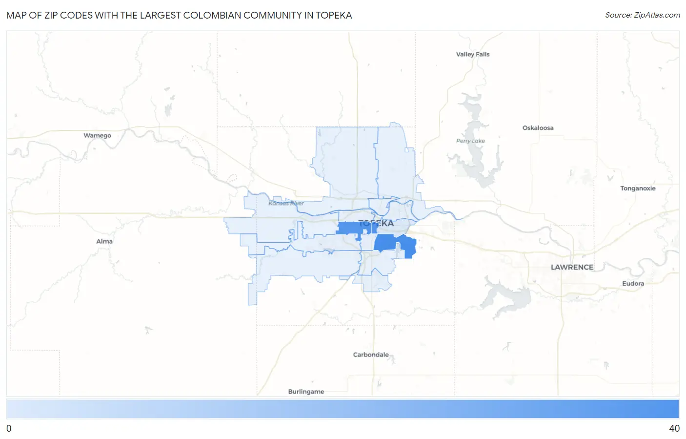 Zip Codes with the Largest Colombian Community in Topeka Map
