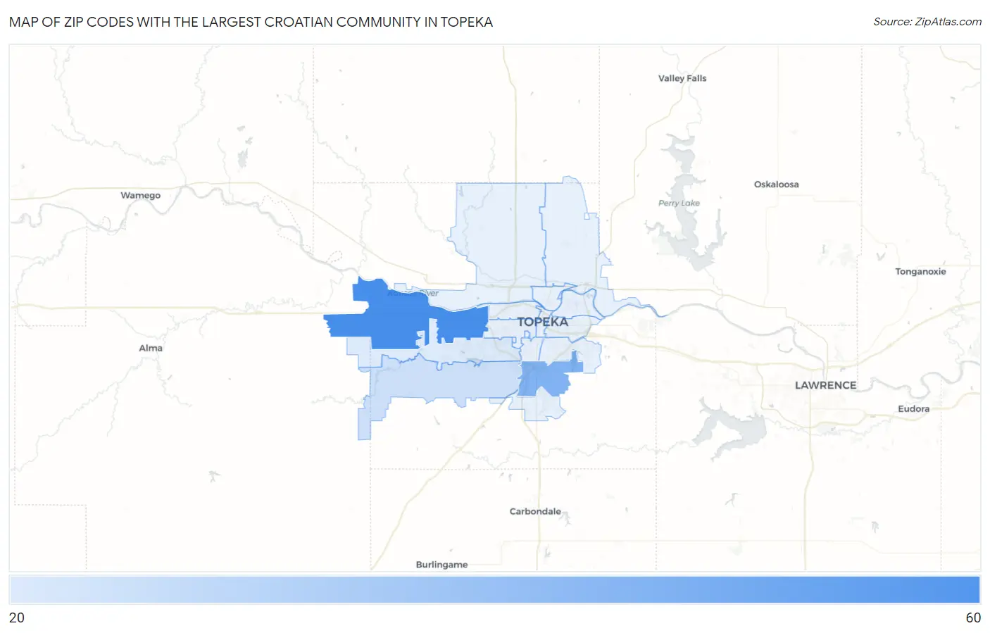 Zip Codes with the Largest Croatian Community in Topeka Map