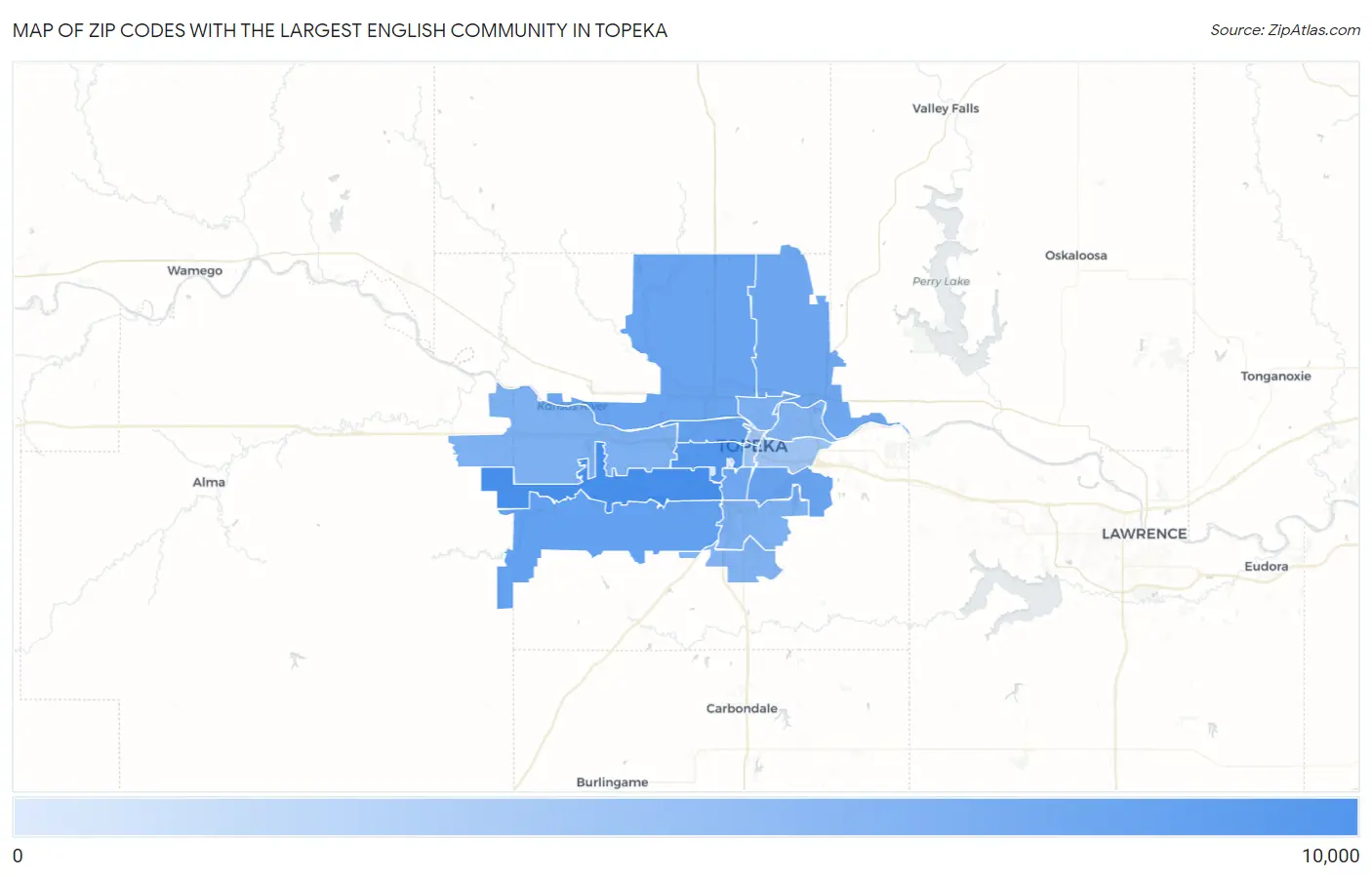 Zip Codes with the Largest English Community in Topeka Map