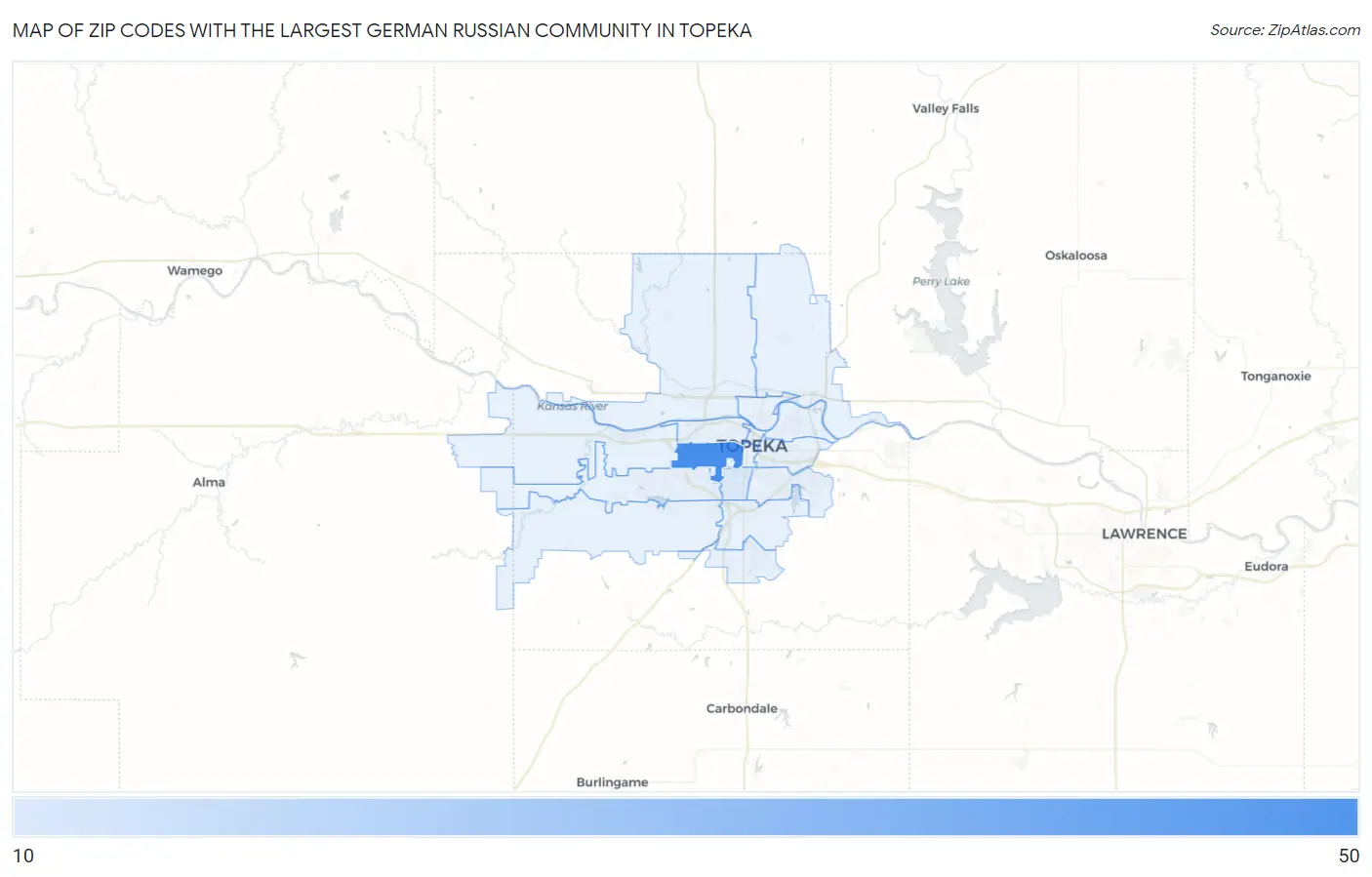 Zip Codes with the Largest German Russian Community in Topeka Map