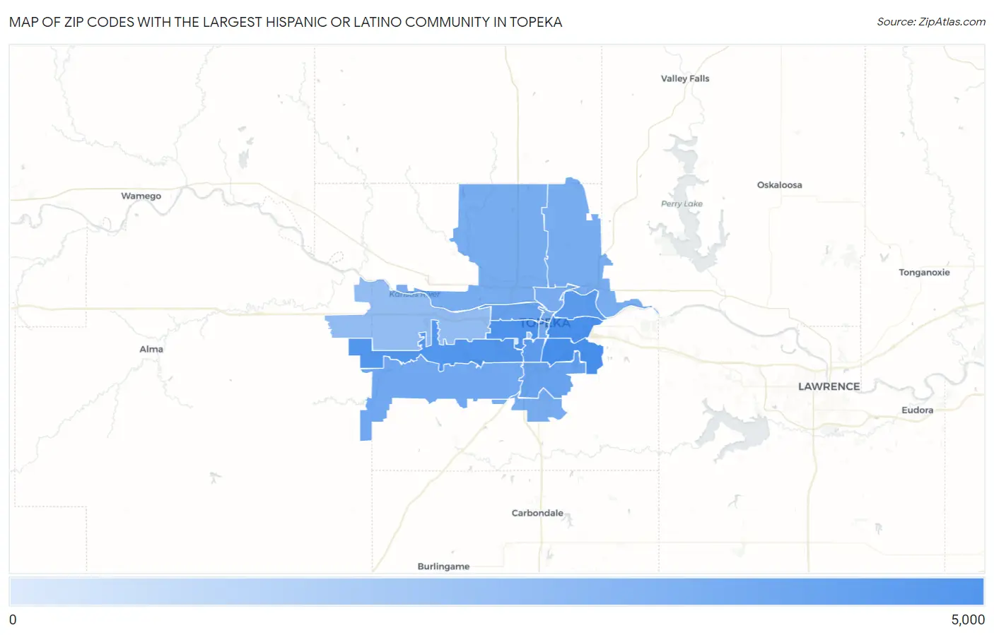 Zip Codes with the Largest Hispanic or Latino Community in Topeka Map