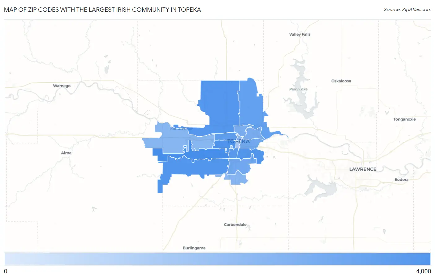 Zip Codes with the Largest Irish Community in Topeka Map