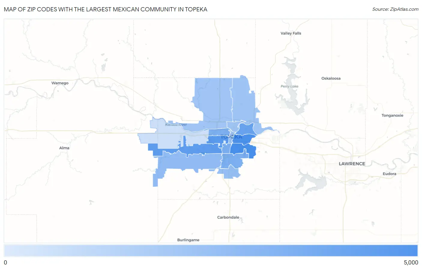 Zip Codes with the Largest Mexican Community in Topeka Map