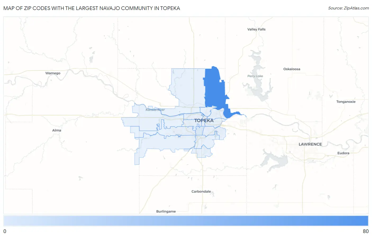 Zip Codes with the Largest Navajo Community in Topeka Map