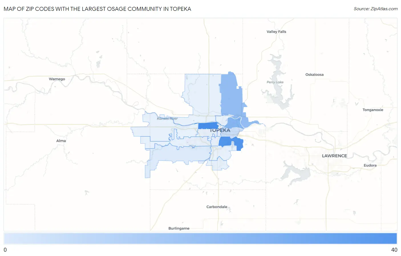 Zip Codes with the Largest Osage Community in Topeka Map