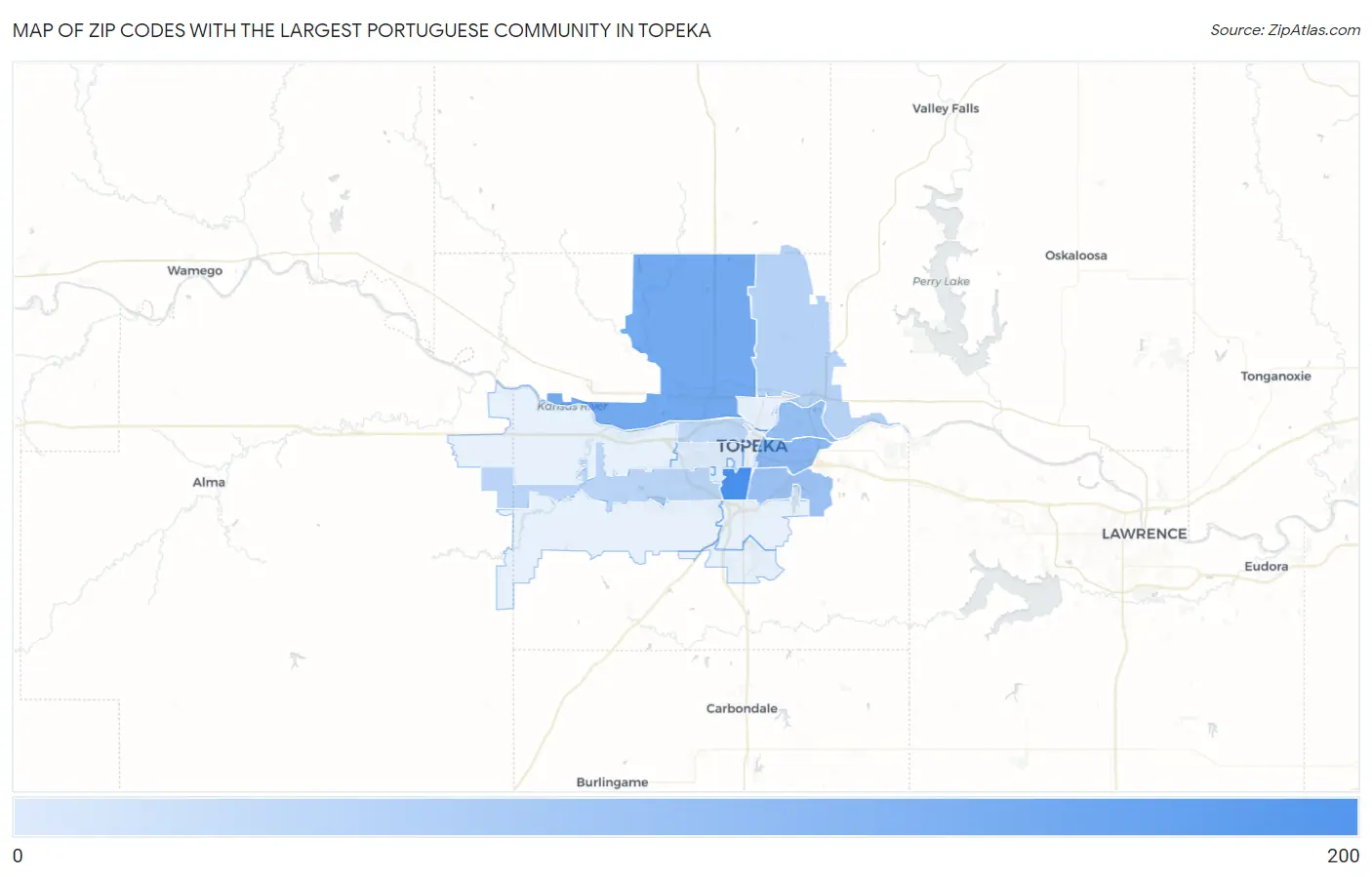 Zip Codes with the Largest Portuguese Community in Topeka Map