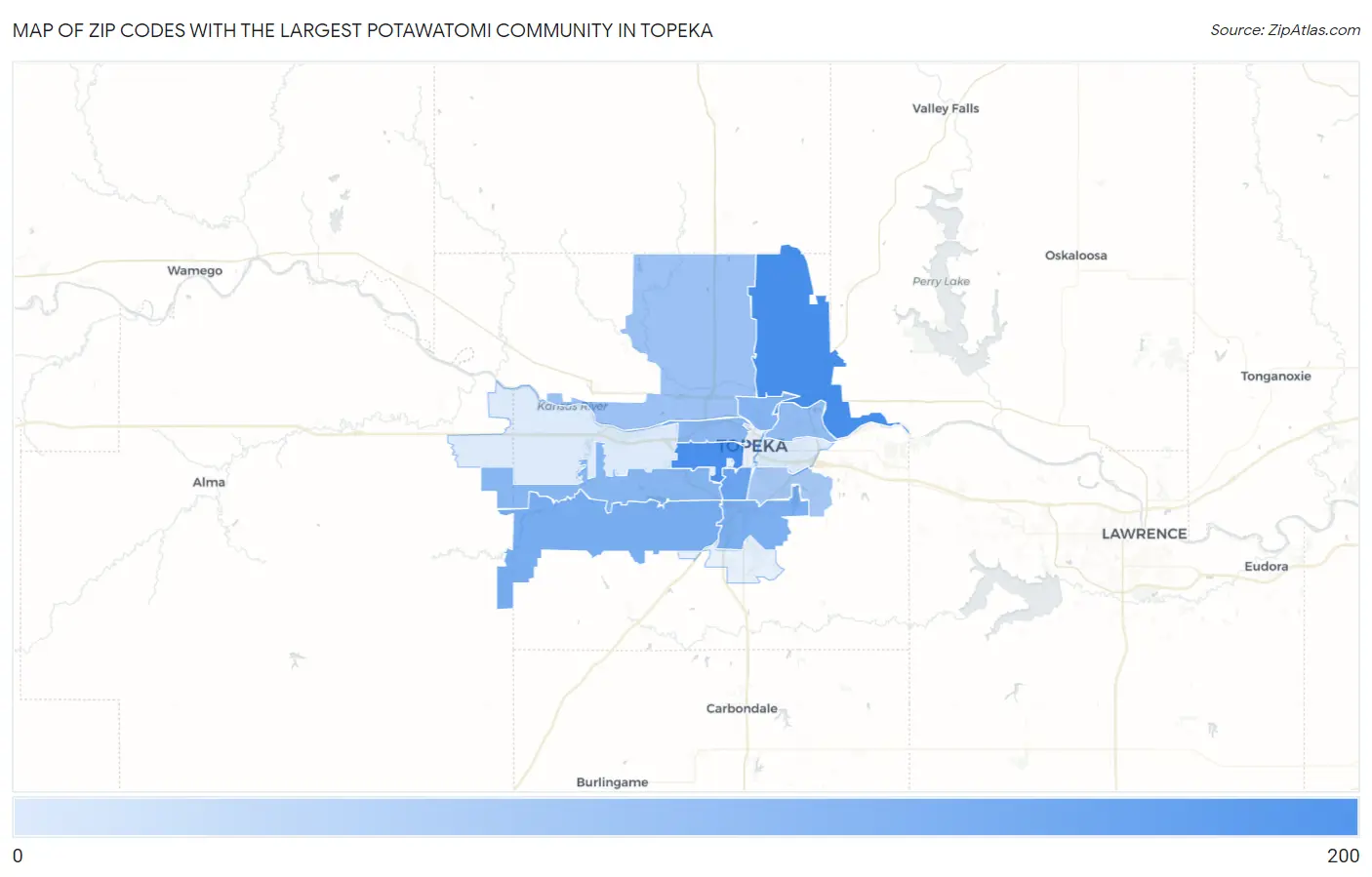 Zip Codes with the Largest Potawatomi Community in Topeka Map