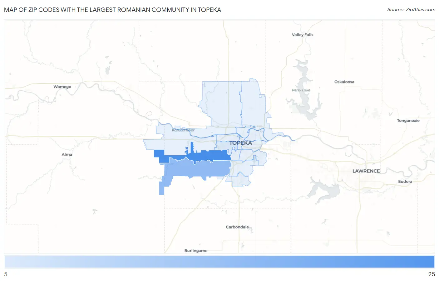 Zip Codes with the Largest Romanian Community in Topeka Map