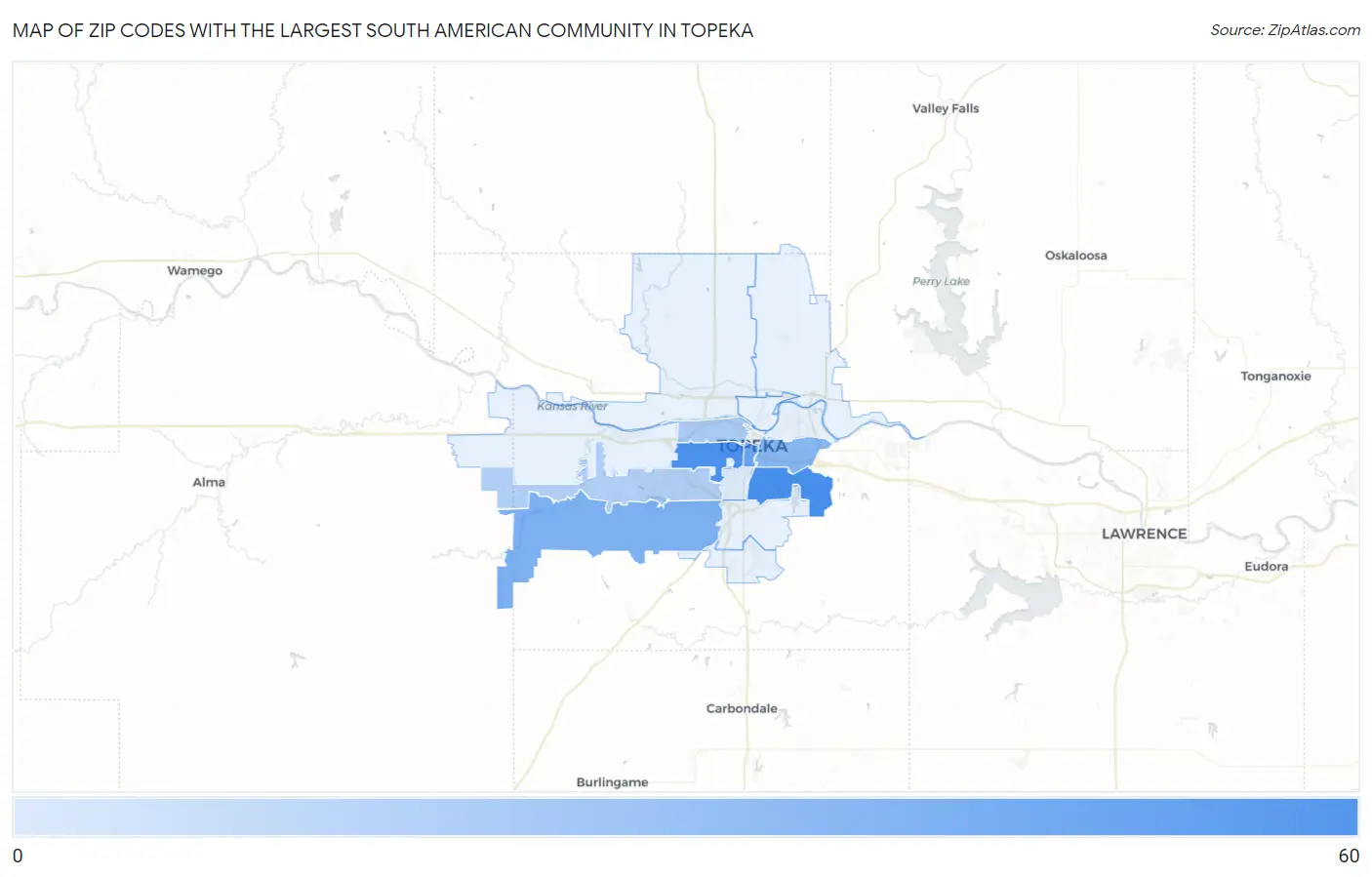 Zip Codes with the Largest South American Community in Topeka Map