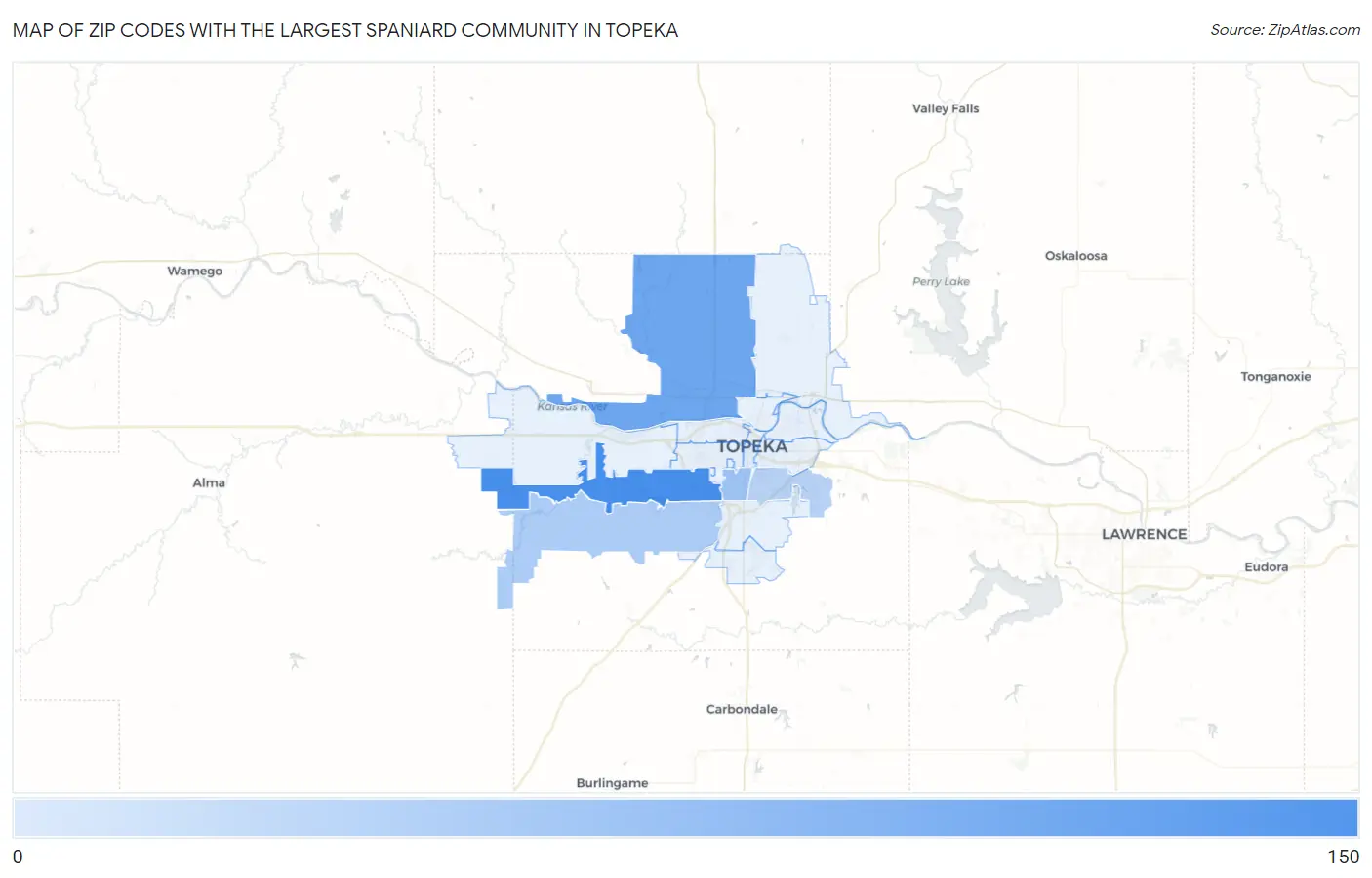 Zip Codes with the Largest Spaniard Community in Topeka Map