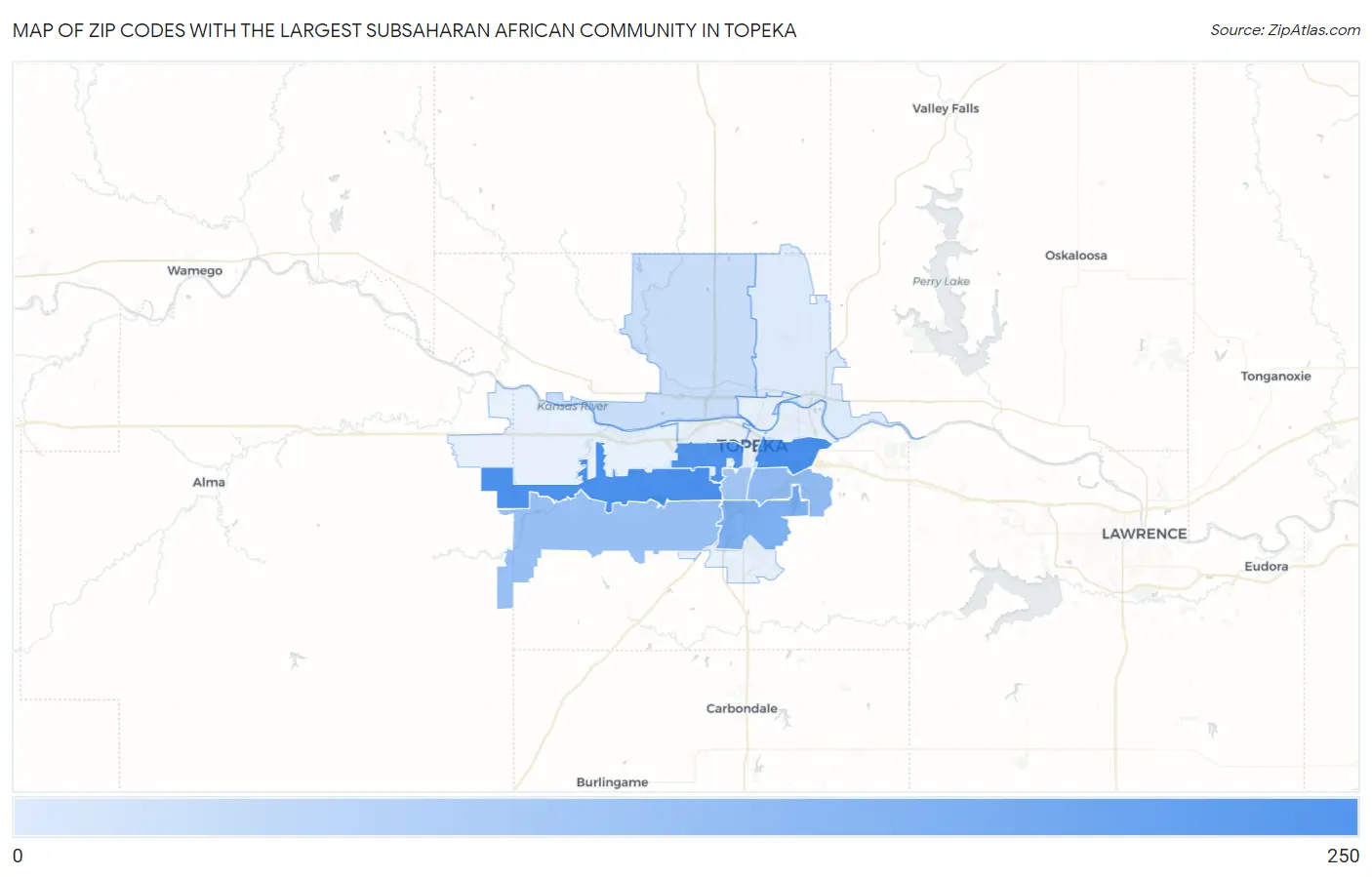 Zip Codes with the Largest Subsaharan African Community in Topeka Map