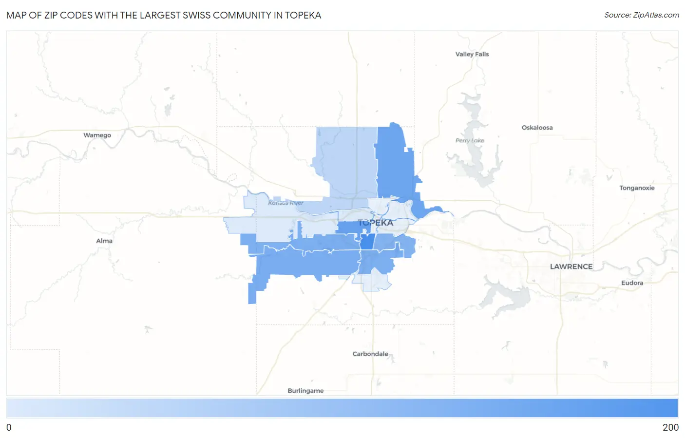 Zip Codes with the Largest Swiss Community in Topeka Map