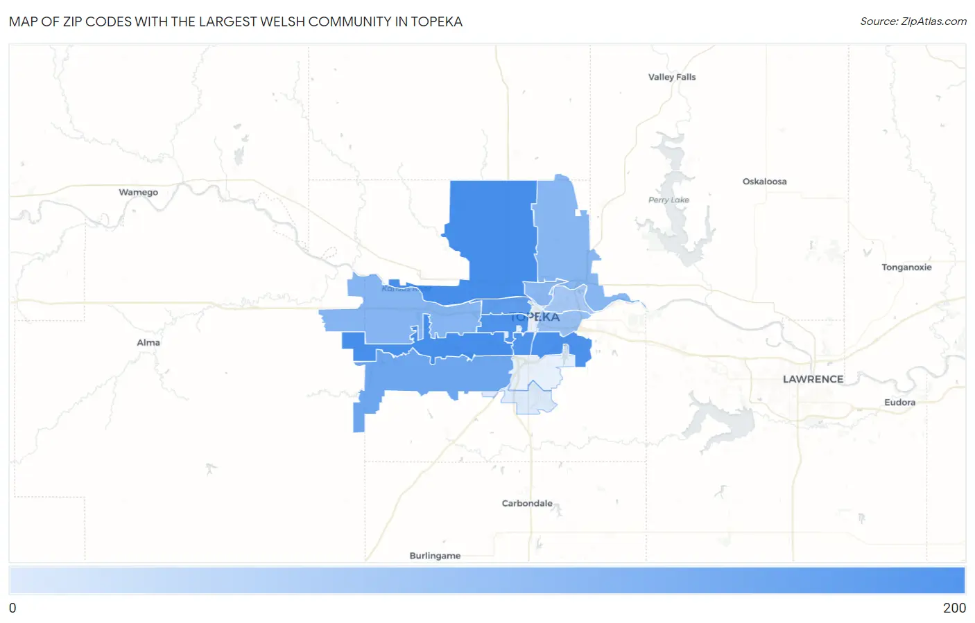 Zip Codes with the Largest Welsh Community in Topeka Map