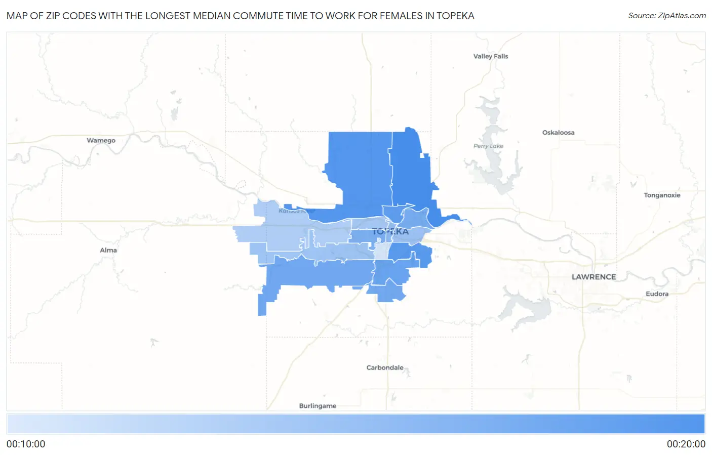 Zip Codes with the Longest Median Commute Time to Work for Females in Topeka Map