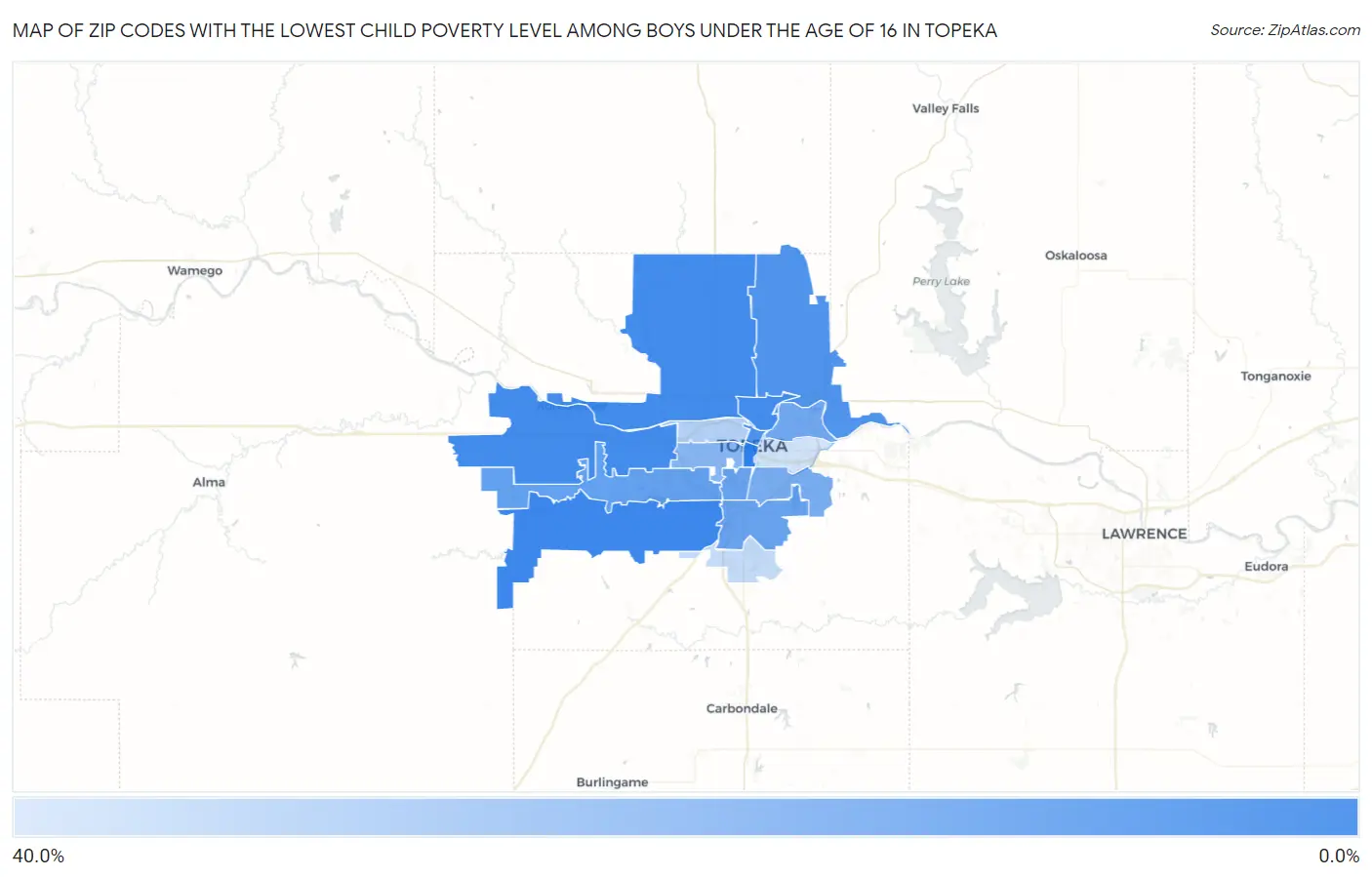 Zip Codes with the Lowest Child Poverty Level Among Boys Under the Age of 16 in Topeka Map