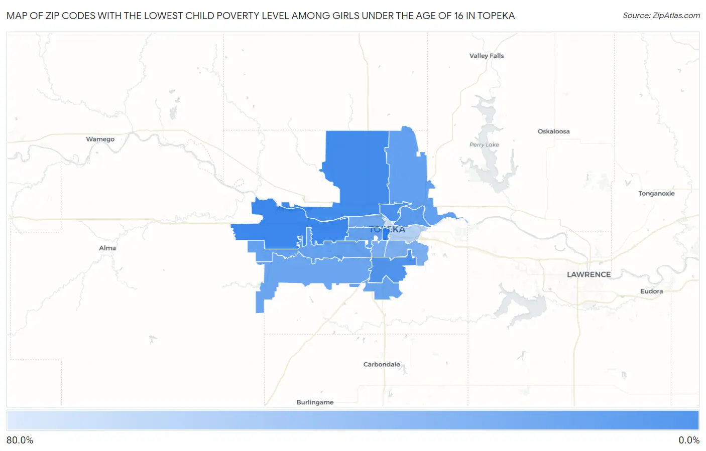 Zip Codes with the Lowest Child Poverty Level Among Girls Under the Age of 16 in Topeka Map