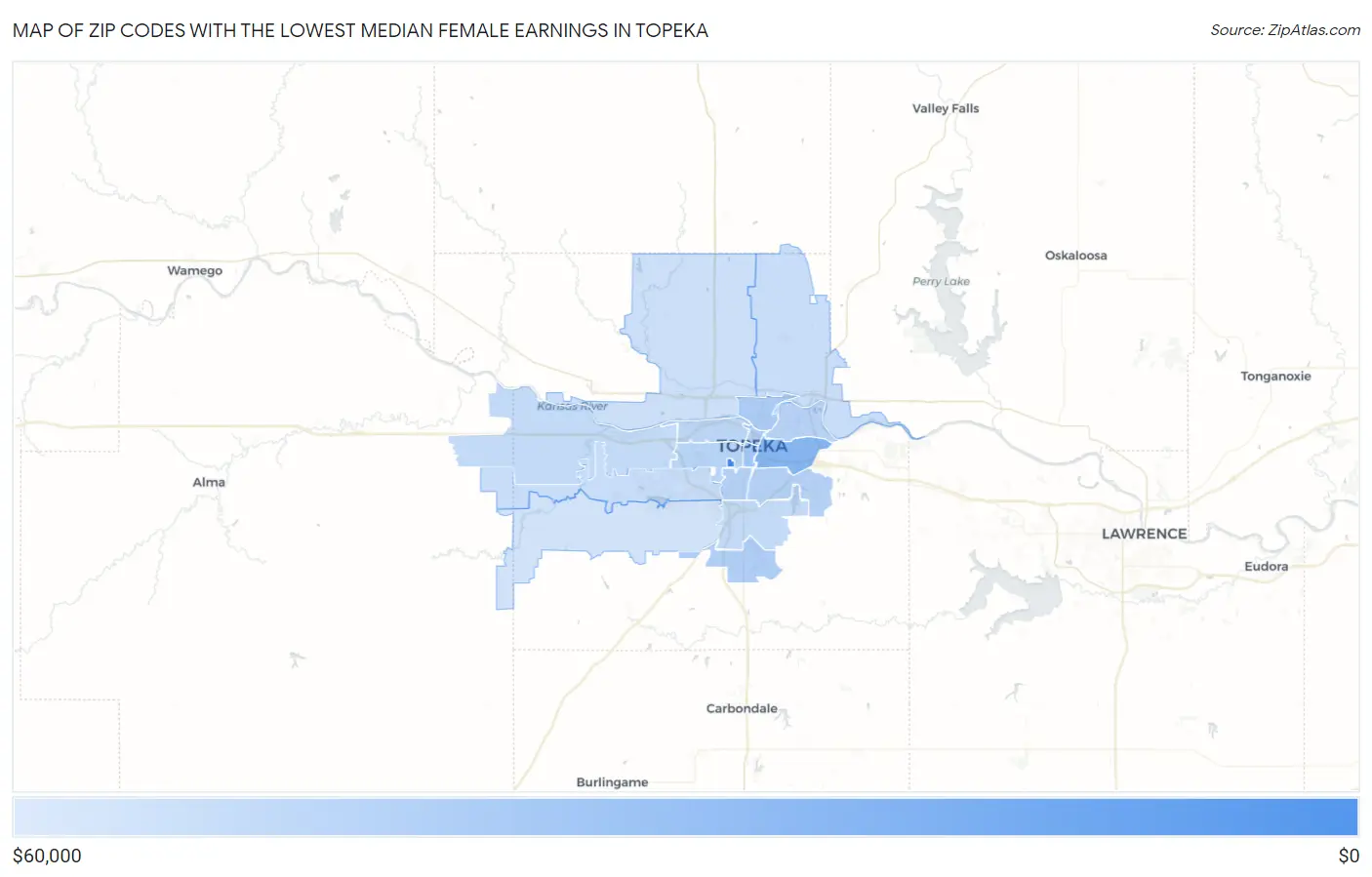 Zip Codes with the Lowest Median Female Earnings in Topeka Map