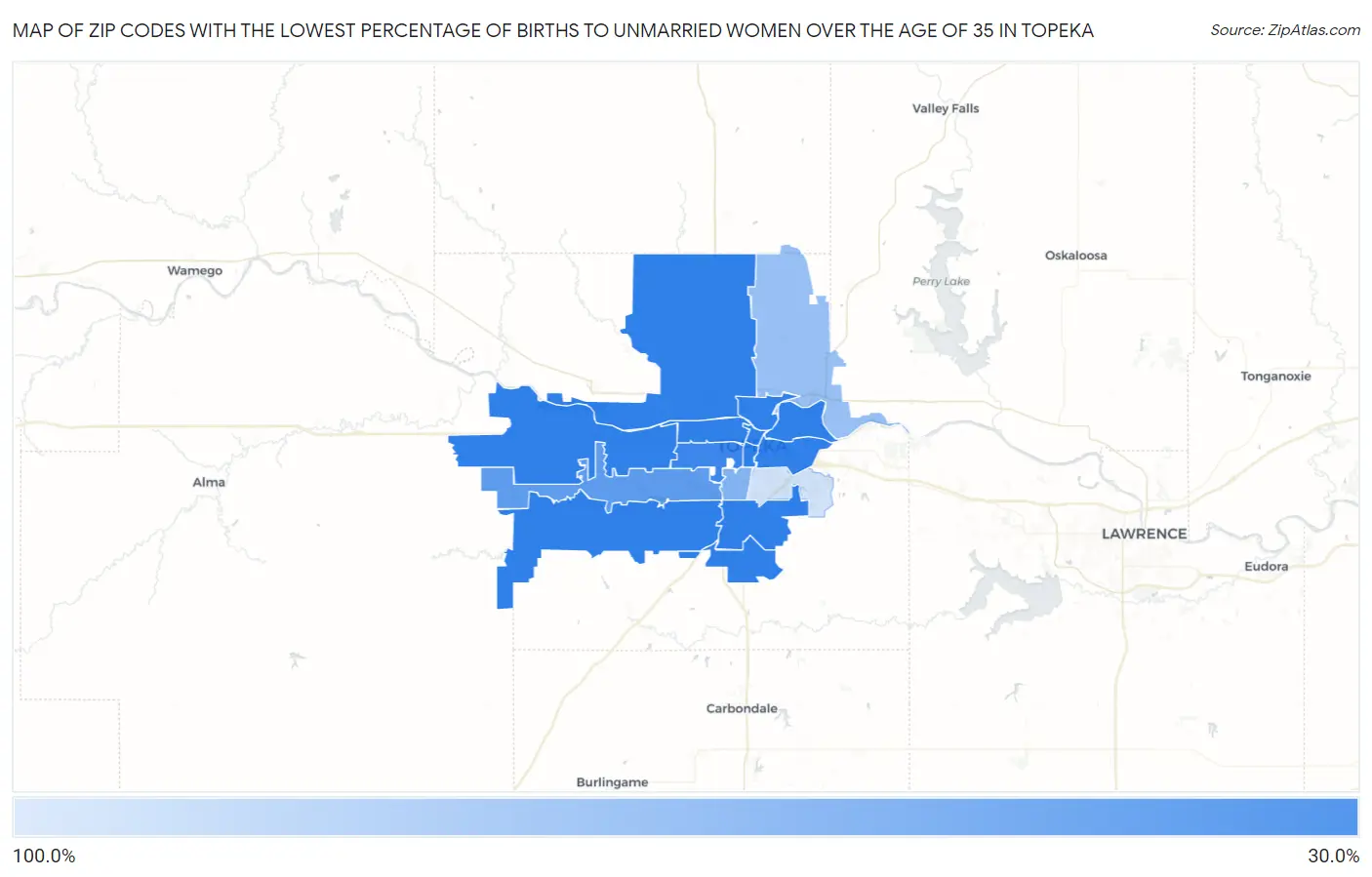 Zip Codes with the Lowest Percentage of Births to Unmarried Women over the Age of 35 in Topeka Map
