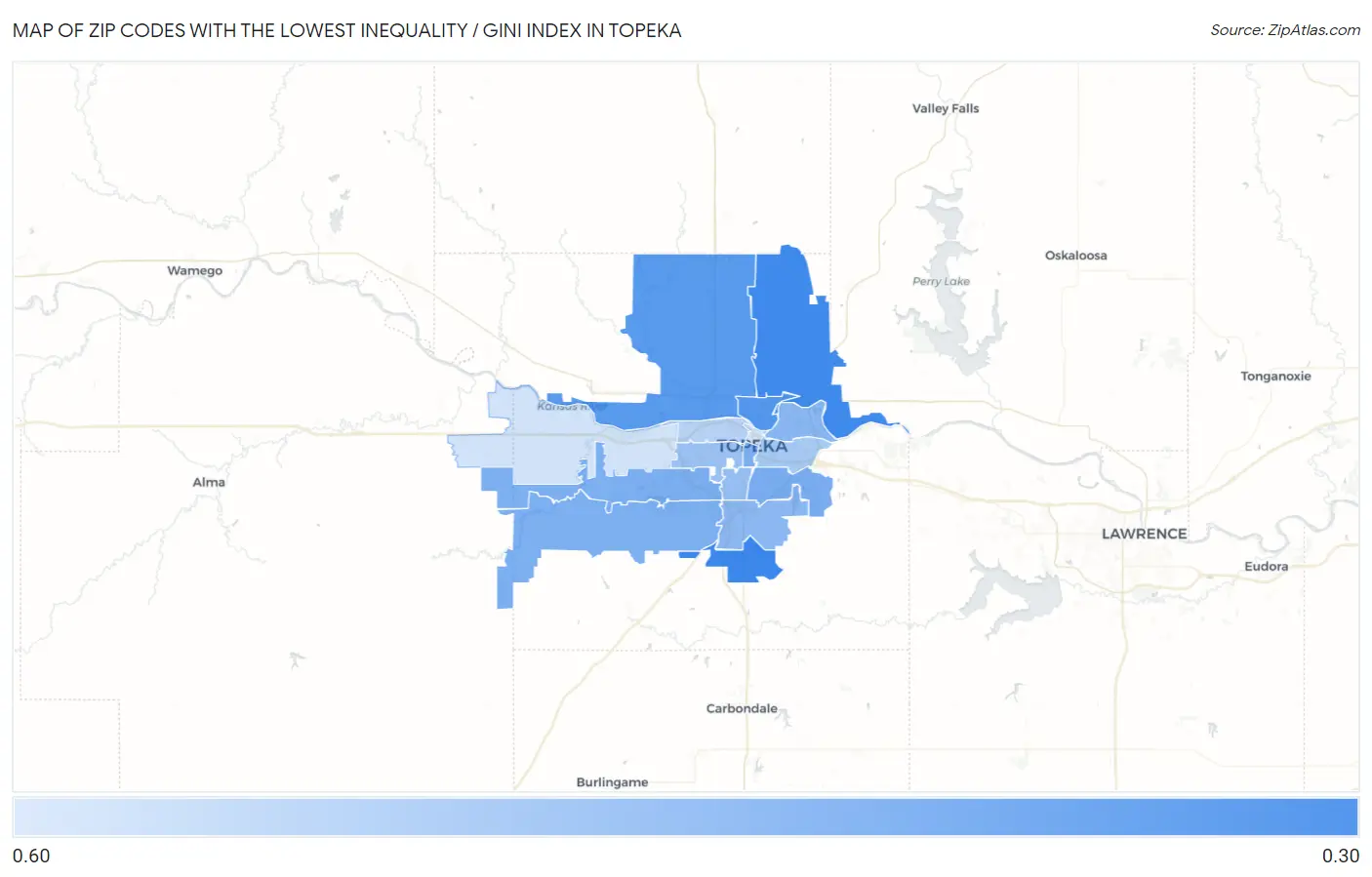 Zip Codes with the Lowest Inequality / Gini Index in Topeka Map