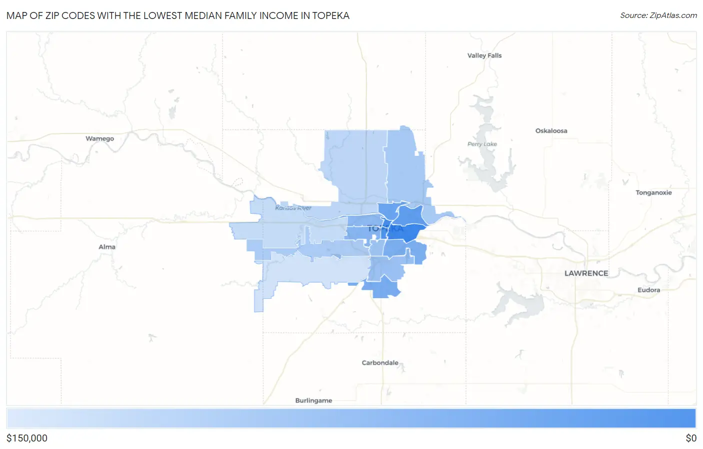 Zip Codes with the Lowest Median Family Income in Topeka Map