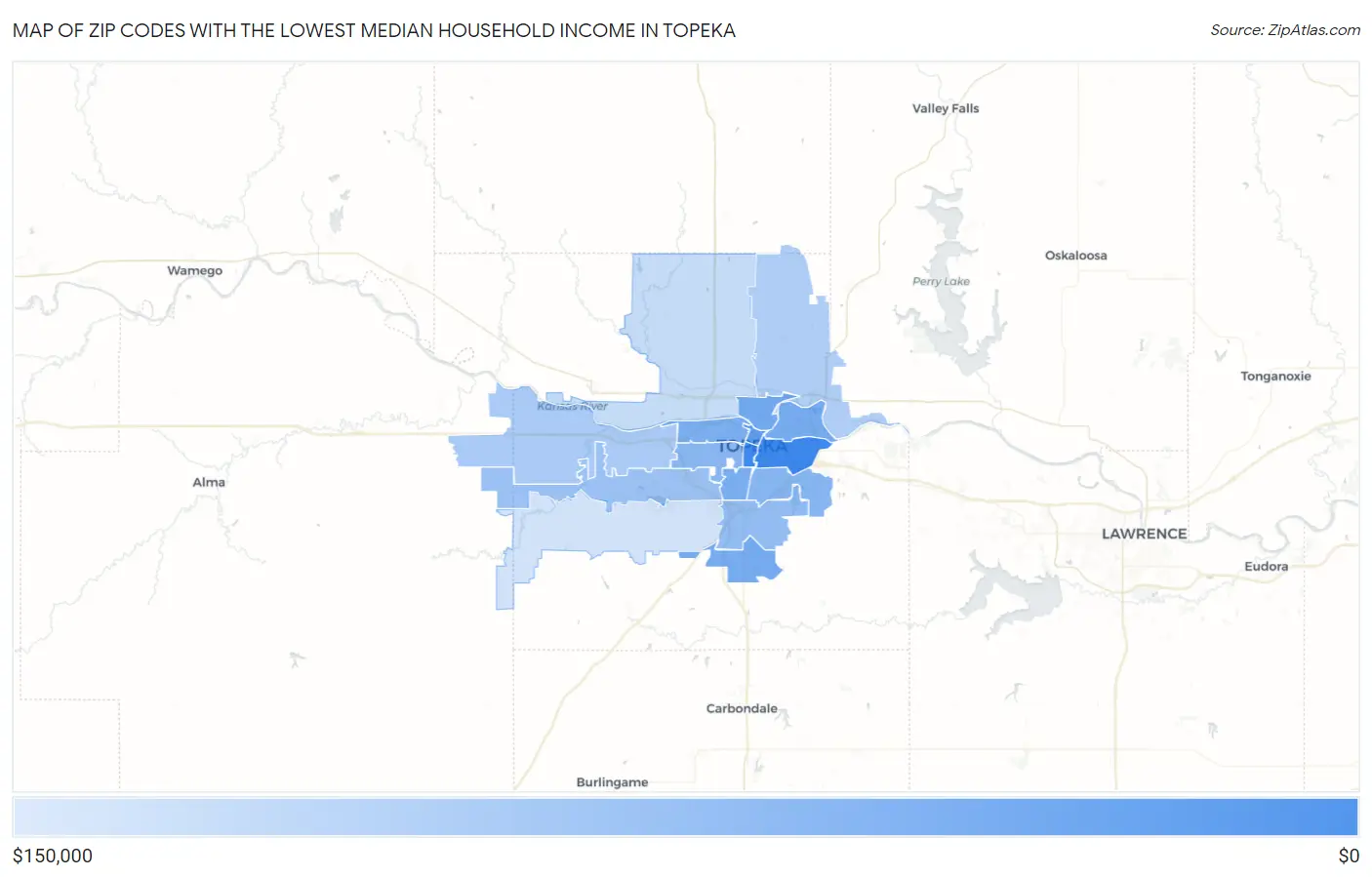 Zip Codes with the Lowest Median Household Income in Topeka Map