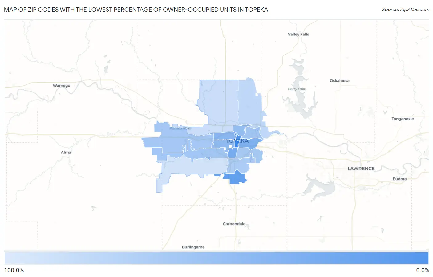 Zip Codes with the Lowest Percentage of Owner-Occupied Units in Topeka Map