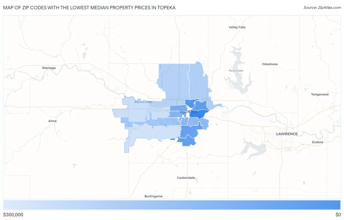 Zip Codes with the Lowest Median Property Prices in Topeka Map