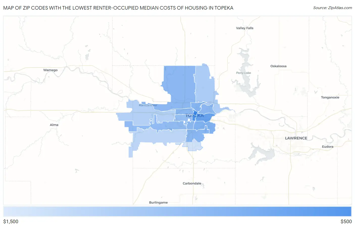 Zip Codes with the Lowest Renter-Occupied Median Costs of Housing in Topeka Map