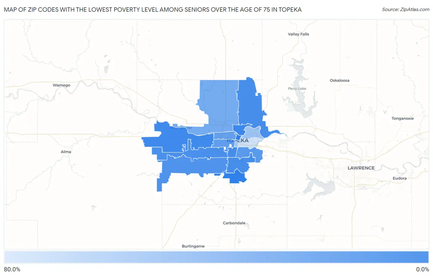 Zip Codes with the Lowest Poverty Level Among Seniors Over the Age of 75 in Topeka Map