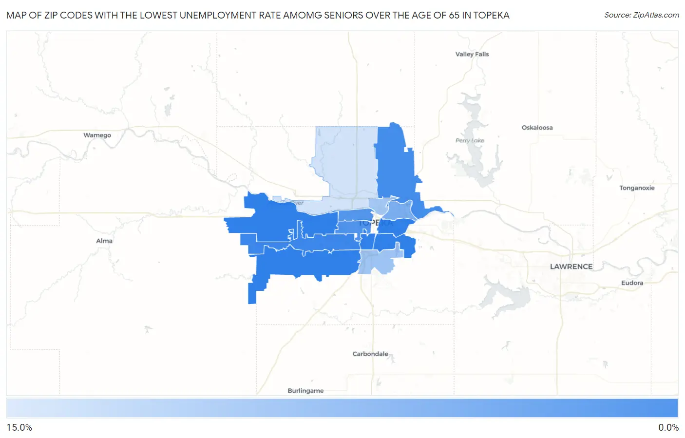 Zip Codes with the Lowest Unemployment Rate Amomg Seniors Over the Age of 65 in Topeka Map
