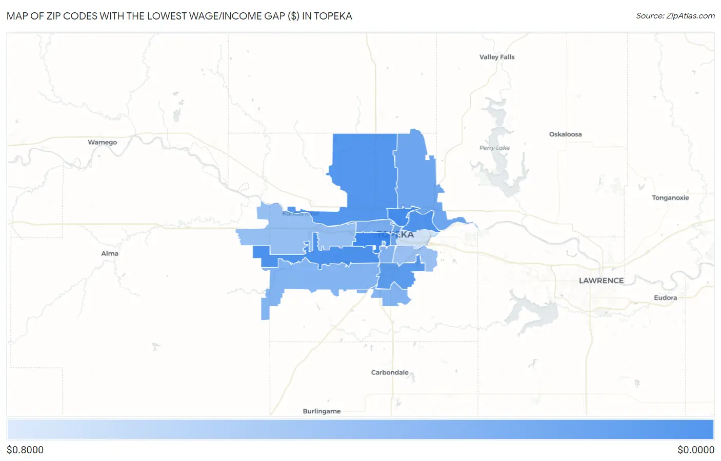 Zip Codes with the Lowest Wage/Income Gap ($) in Topeka Map