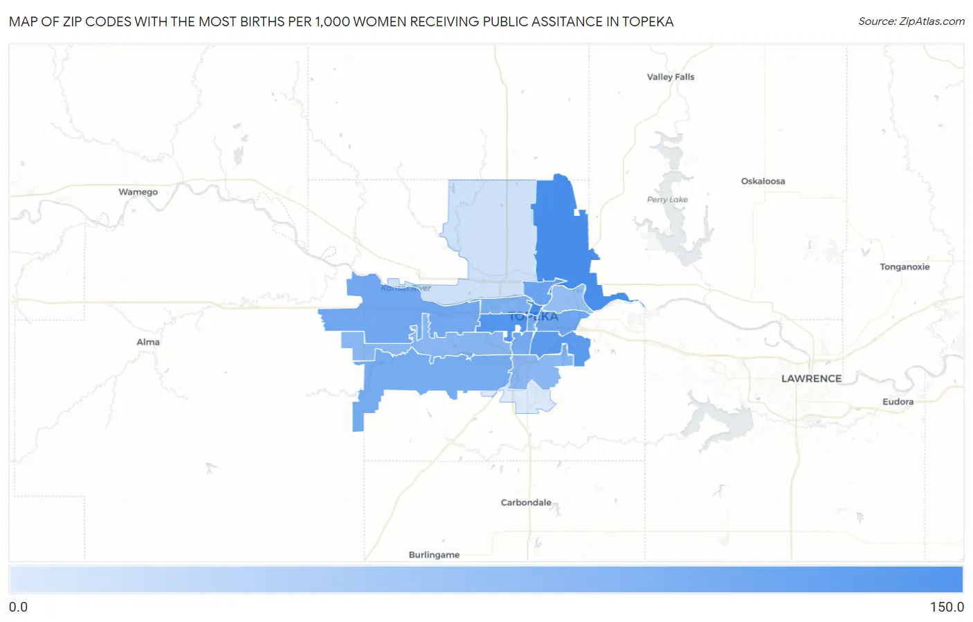 Zip Codes with the Most Births per 1,000 Women Receiving Public Assitance in Topeka Map