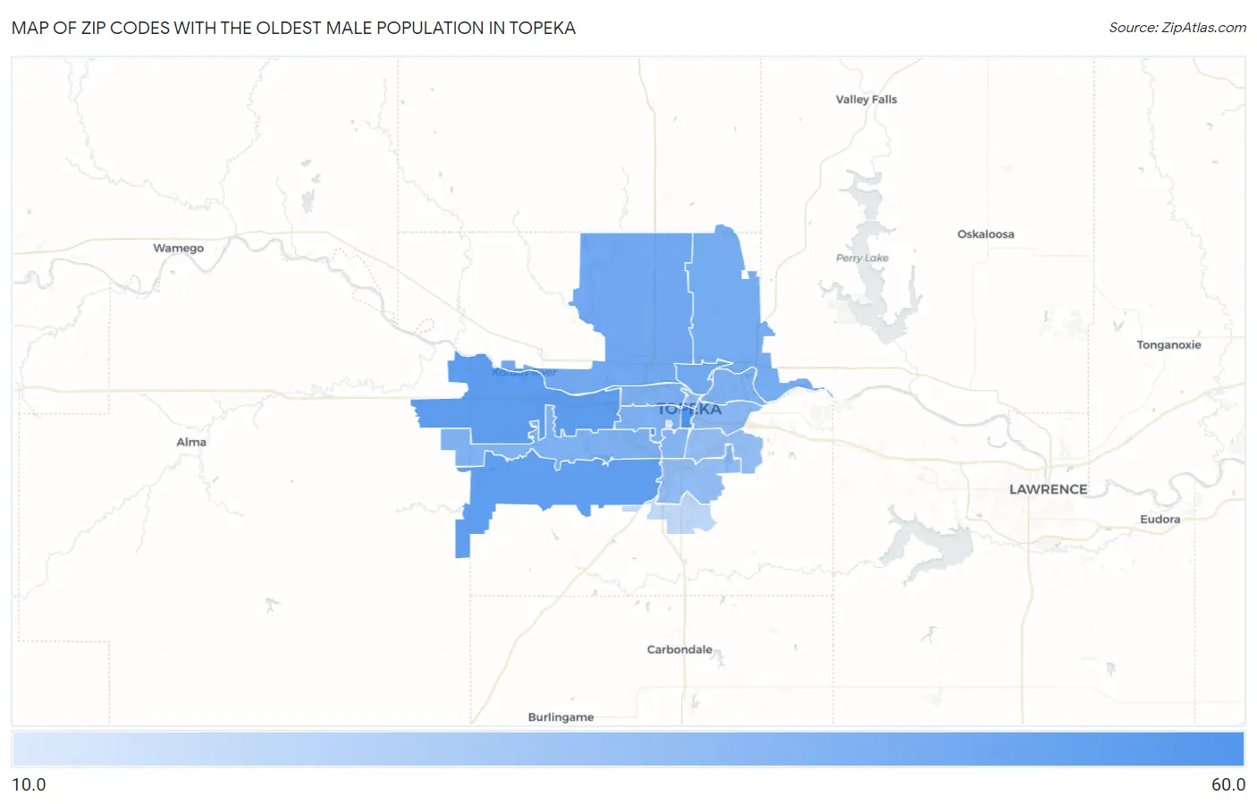 Zip Codes with the Oldest Male Population in Topeka Map