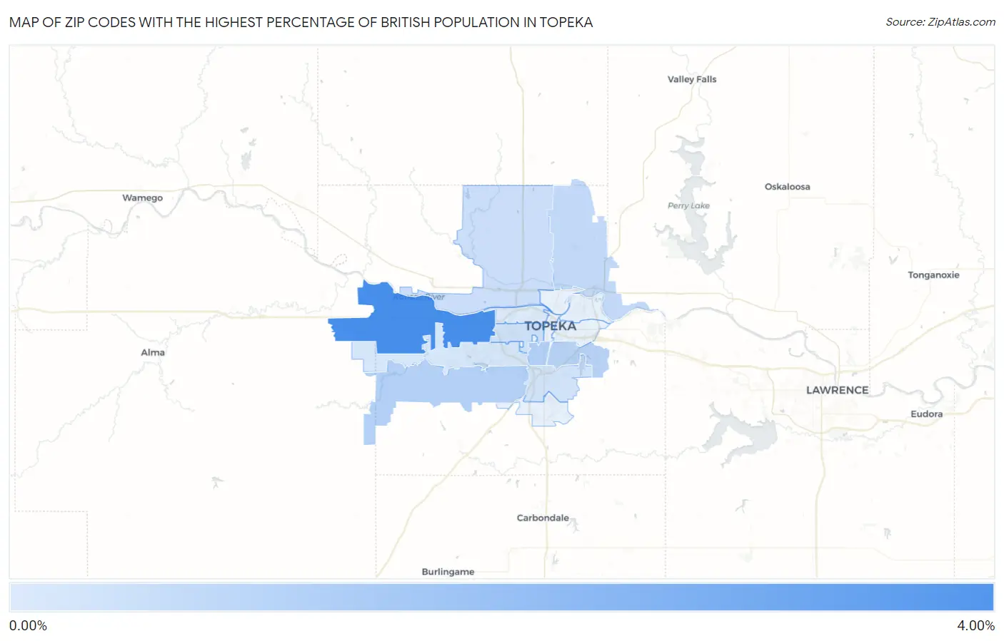 Zip Codes with the Highest Percentage of British Population in Topeka Map