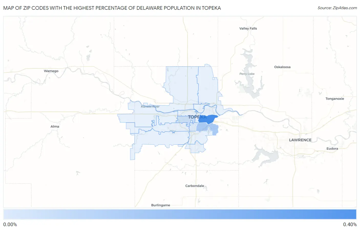 Zip Codes with the Highest Percentage of Delaware Population in Topeka Map