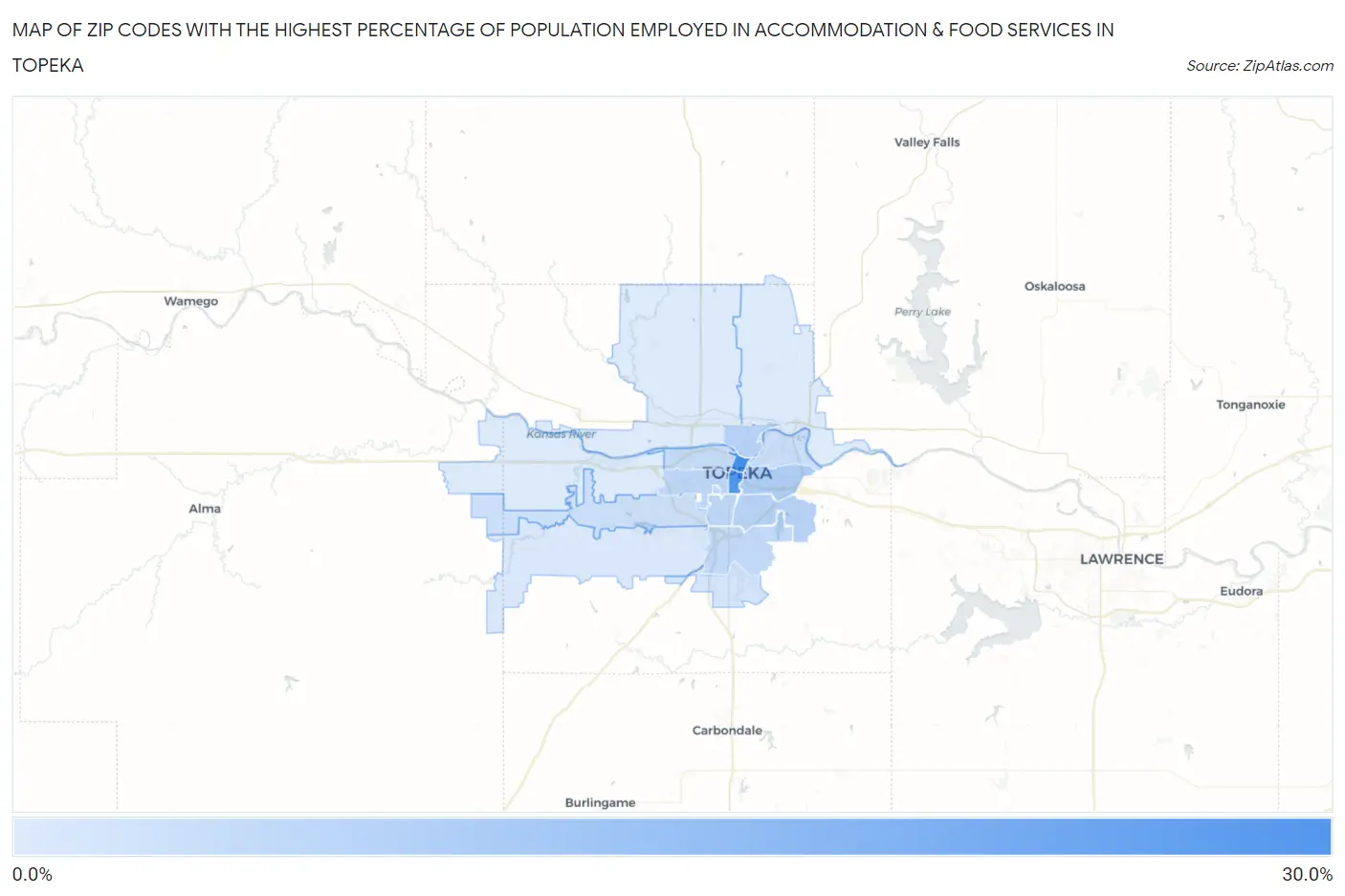 Zip Codes with the Highest Percentage of Population Employed in Accommodation & Food Services in Topeka Map