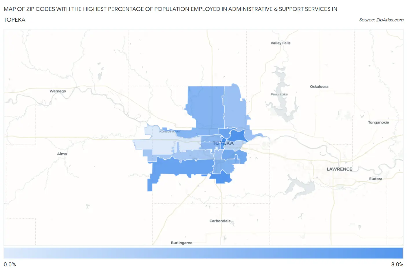 Zip Codes with the Highest Percentage of Population Employed in Administrative & Support Services in Topeka Map