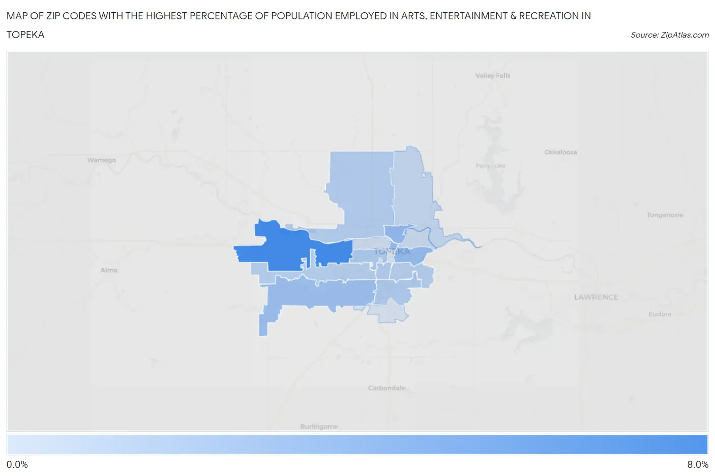 Zip Codes with the Highest Percentage of Population Employed in Arts, Entertainment & Recreation in Topeka Map