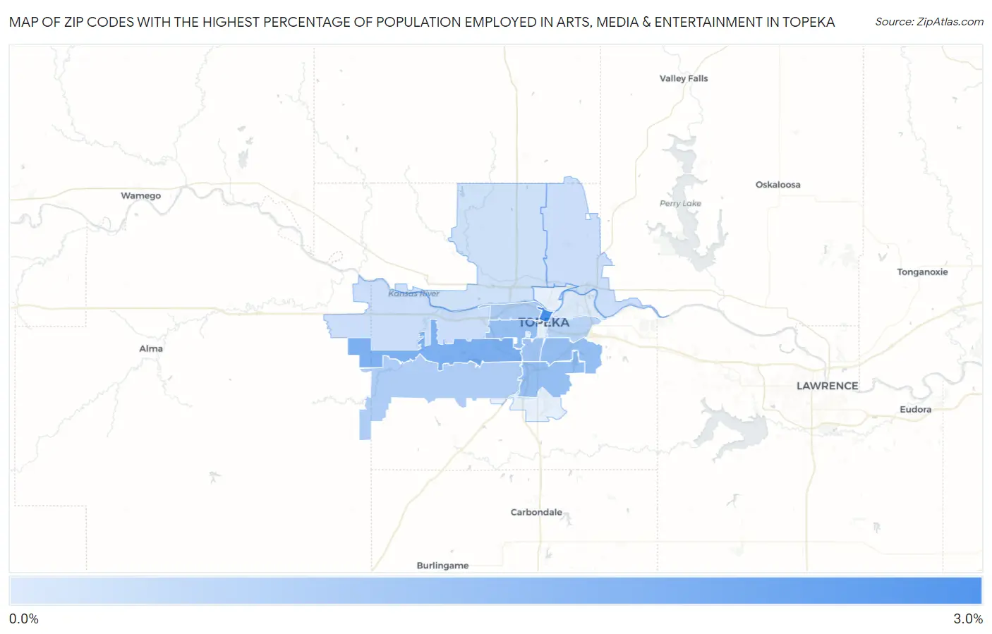 Zip Codes with the Highest Percentage of Population Employed in Arts, Media & Entertainment in Topeka Map