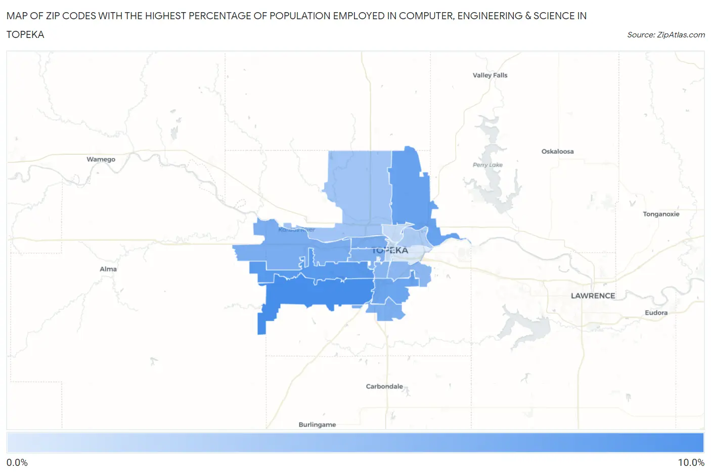 Zip Codes with the Highest Percentage of Population Employed in Computer, Engineering & Science in Topeka Map